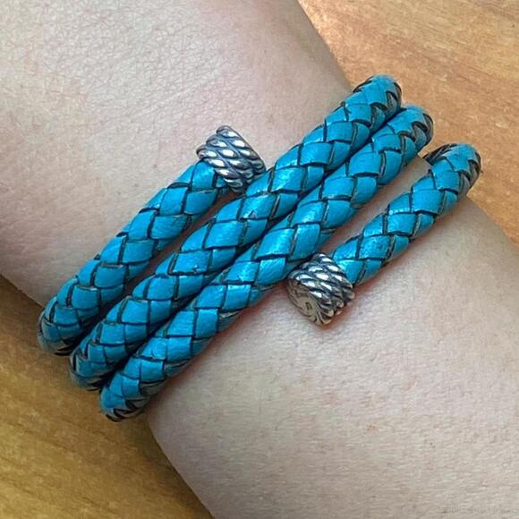 Carolyn Pollack Sterling Silver Teal Braided Leather Unisex Coil Wrap Bracelet - Picture 1 of 4